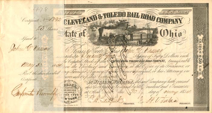 John G. Vassar - Cleveland and Toledo Rail Road - Stock Certificate